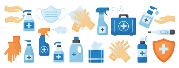 Disinfection Ppe Icon Hand Hygiene Set Hand Sanitizer Bottles Medical — Stock Vector