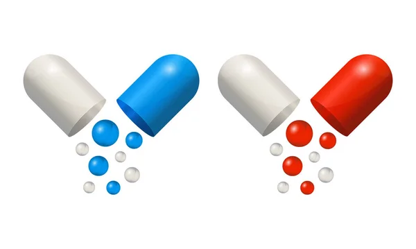胶囊图标3D现实 蓝色和红色药丸孤立在白色背景 彩色小球脱落的开放医疗胶囊 矢量说明 — 图库矢量图片