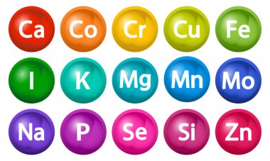 Mineral takviye seti. 3D kabarcıklar multivitamin kompleksi. Temel vitamin ikonları. Kalsiyum magnezyum çinko iyot Manganez Kobalet Bakır Potasyum Molybdenit Krom Selenyum. Vektör illüstrasyonu