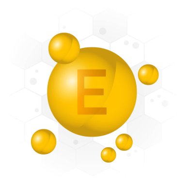 E vitamini ikonu. Altıgen arka planda altın baloncuk. Vektör illüstrasyonu