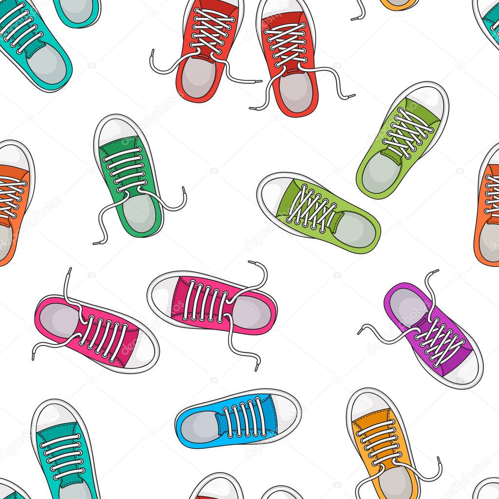 Seamless pattern with colorful sneakers, trendy sports background, foot wear. Top view. Vector illustration