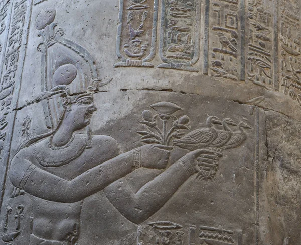 Иероглифическая резьба на древней египетской стене храма — стоковое фото