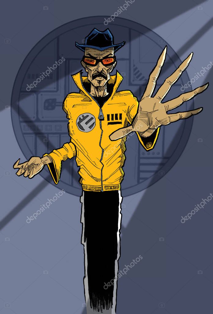 Line drawing of man with expressive hands in yellow jacket