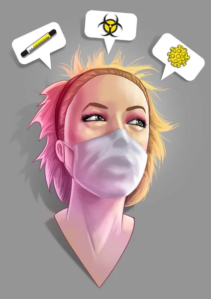 Digital Illustration Potræk Kvinde Med Medicinsk Ansigtsmaske Talebobler Med Termometer - Stock-foto