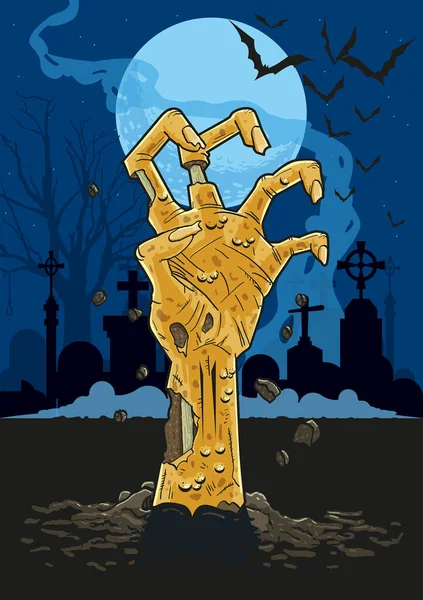 Illustrazione Mano Zombie Cimitero Notte Spingendo Fuori Dal Terreno Fronte — Vettoriale Stock