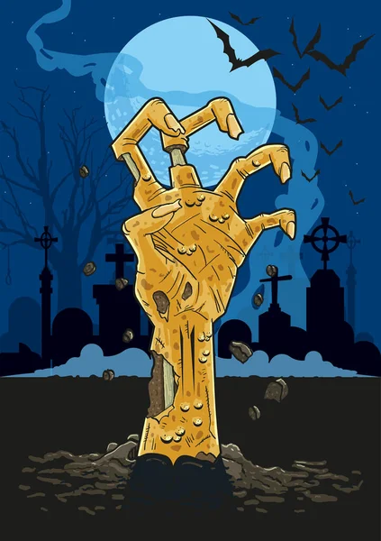 Kuva Zombie Käsi Hautausmaalla Yöllä Työntää Ylös Maasta Edessä Hautakiviä — vektorikuva