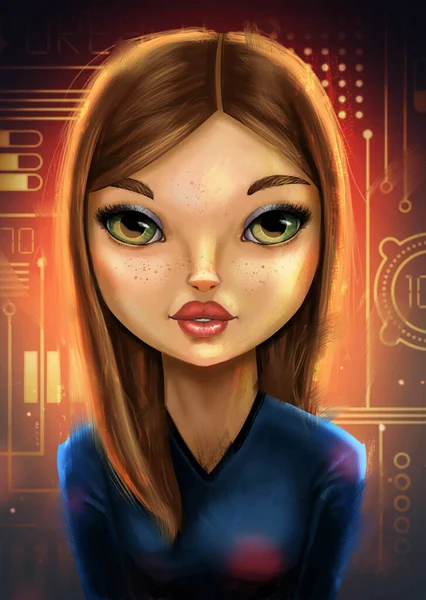 Ilustración Digital Una Chica Con Grandes Ojos Verdes Una Nave — Foto de Stock