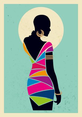 Digital illustration of a modern african woman silhouette with bright coloured dress standing infront of a round sun clipart