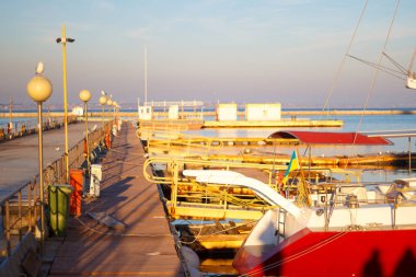 İskelede oturup martıları. Kış plaj. Kış sahne. Gün batımı. Seçici odak