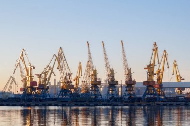 Odessa, Ukrayna - Januadry 02, 2017: Konteyner Vinç kargo Port terminal, kargo Vinçler suya yansıyan. Günbatımı