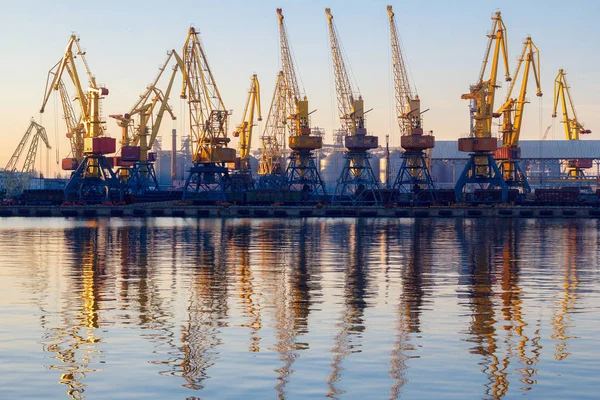 Odessa, Ukrayna - Januadry 02, 2017: Konteyner Vinç kargo Port terminal, kargo Vinçler suya yansıyan. Günbatımı