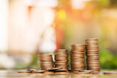 Adım doğa arka plan, para, sikke Baca'ya / kaydetme ve siluet sesi flare yatırım veya aile planlaması kavramı, güneş üzerinde.