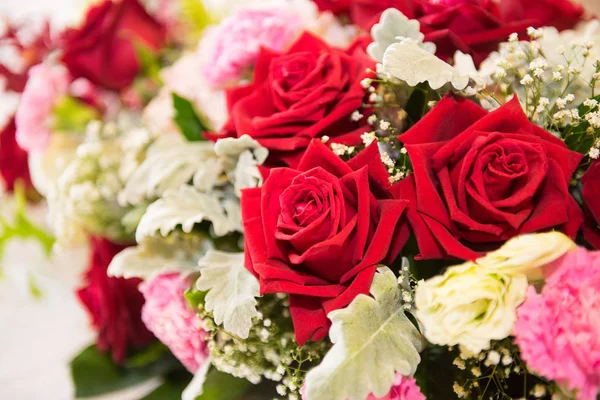 Beautiful Red and white roses bouquets at weddings and celebrations, copy space.