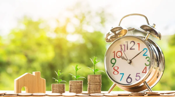 ahşap ev modeli ve adım ağaç gelişen üst ve saat alarm, doğa arka plan, para, para yığınları / kaydetme ve siluet sesi flare yatırım veya aile planlaması kavramı, güneş üzerinde.