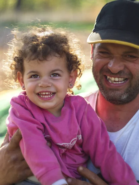 Male Father His Young Daughter Laugh Picking Olives Island Greece Stock Image