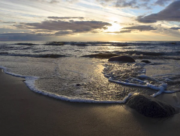 Beau Coucher Soleil Sur Plage Sable Mer Baltique Lietva Klaipeda — Photo