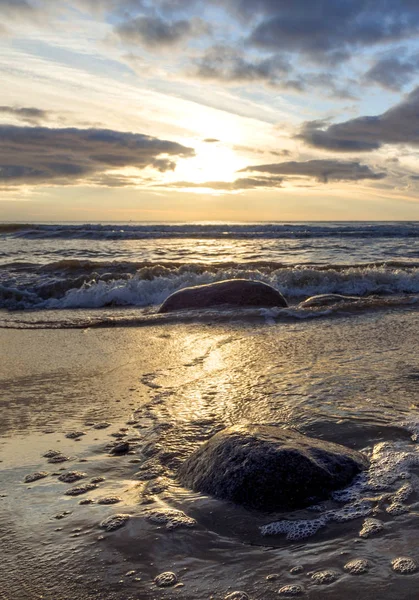 Beau Coucher Soleil Sur Plage Sable Mer Baltique Lietva Klaipeda — Photo