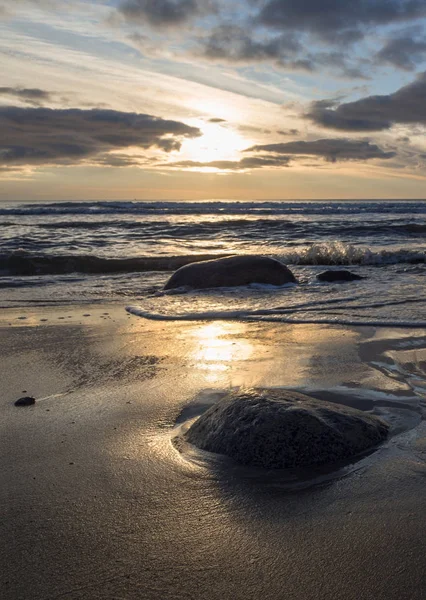 Beau Coucher Soleil Sur Plage Sable Mer Baltique Lietva Klaipeda — Photo