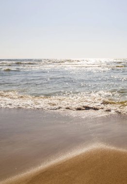 Palanga, Litvanya Baltık Denizi'nin kum plajındaki güneşli bir günde dalga acele