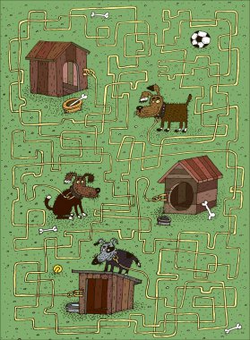 Visual puzzle for kids with dogs and doghouses. clipart