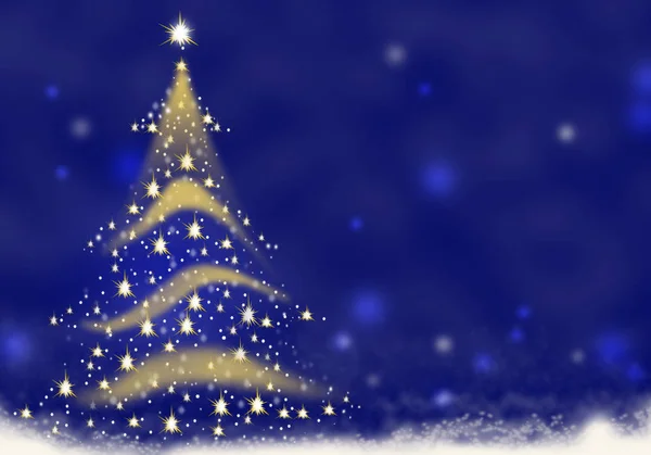 크리스마스 트리 골드 빛 별 배경 블루 레드 눈 그림에서 형성 — 스톡 사진