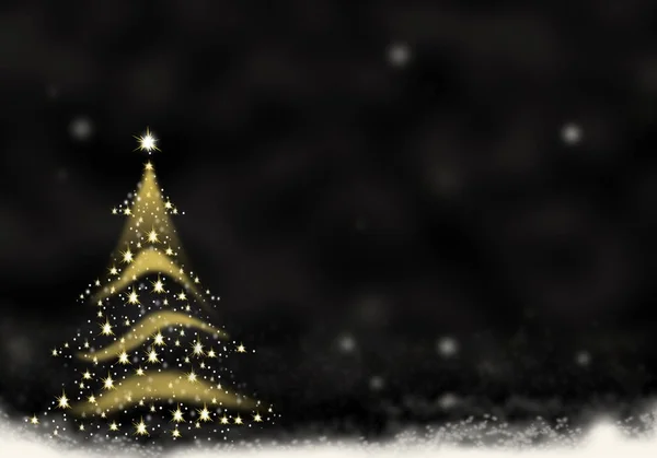 Weihnachtsbaum Gold Lichter gebildet von Sternen Hintergrund blau rot Schnee Illustration — Stockfoto