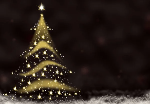 Arbre de Noël lumières dorées formées à partir d'étoiles fond bleu rouge illustration de neige — Photo