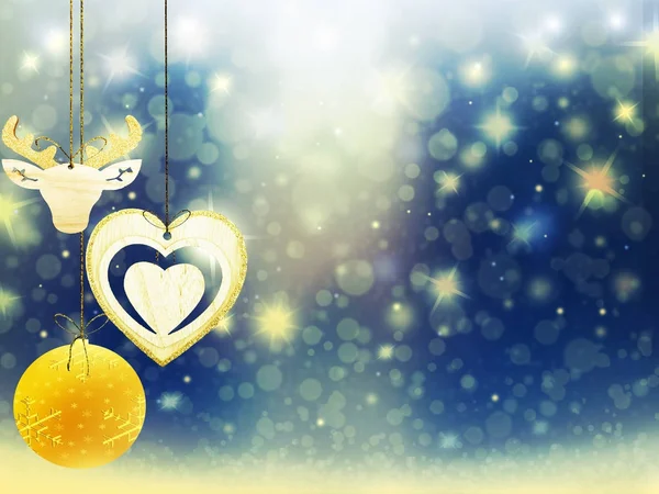 Fondo de Navidad oro rojo azul lugar para el texto estrellas estrellas amarillas ciervos corazón decoraciones de nieve borrosa — Foto de Stock