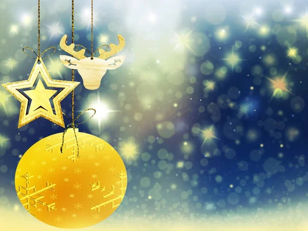 Fondo de Navidad oro rojo azul lugar para el texto estrellas estrellas amarillas ciervos corazón decoraciones de nieve borrosa — Foto de Stock