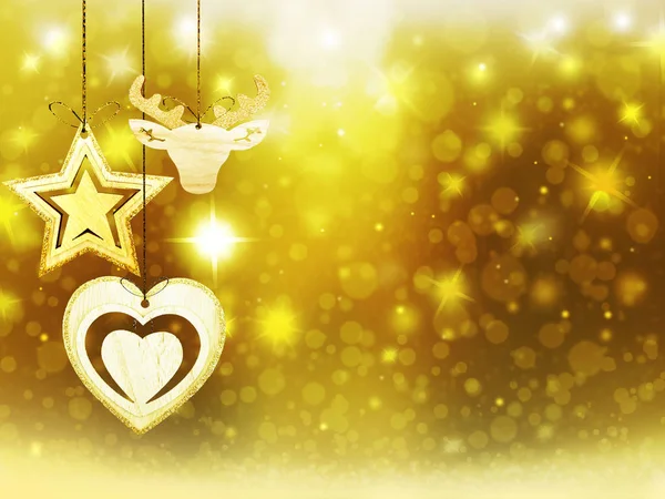 Karácsonyi háttér piros arany kék hely a szöveg csillagok sárga csillag szarvas szív hó dekorációk blur — Stock Fotó