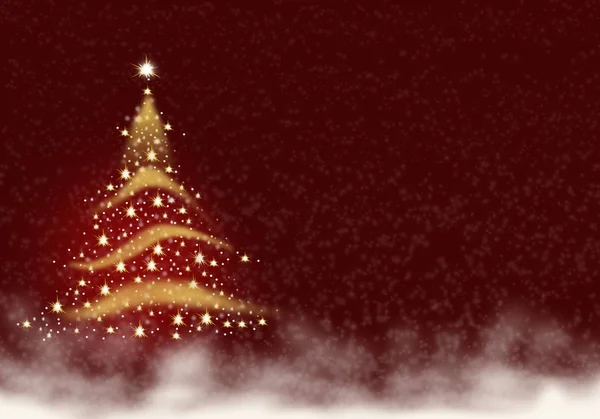 Christmas tree gold lights formed from stars background blue red snow illustration — Stock Photo, Image