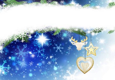 Noel arka plan kırmızı altın mavi süslemeleri bulanıklık metin yıldız sarı yıldız geyik kalp kar için yer 