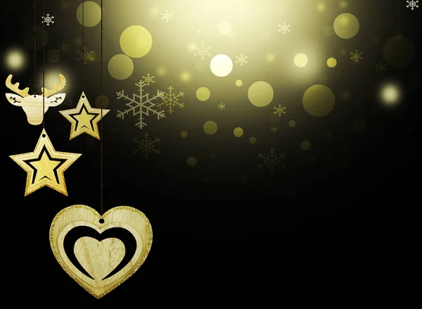 Fondo de Navidad oro rojo azul lugar para el texto estrellas estrellas amarillas ciervos corazón decoraciones de nieve borrosa —  Fotos de Stock