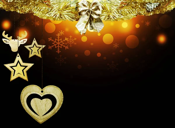 Vánoční pozadí červené zlato modré místo pro text hvězdy žlutými hvězdami Jelení srdce sníh, dekorace rozostření — Stock fotografie