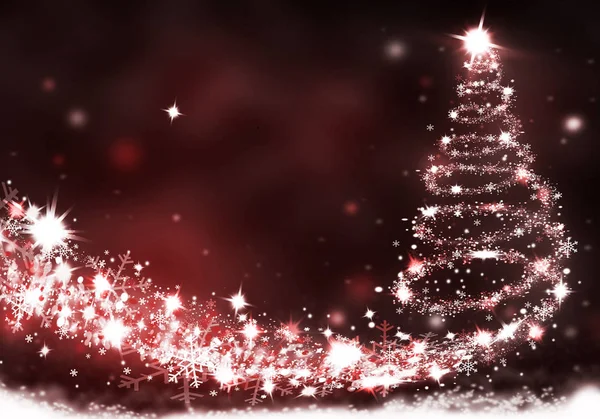 Albero di Natale luci formato da stelle sfondo rosso neve illustrazione — Foto Stock
