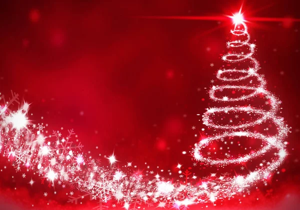 Albero di Natale luci formato da stelle sfondo rosso neve illustrazione — Foto Stock