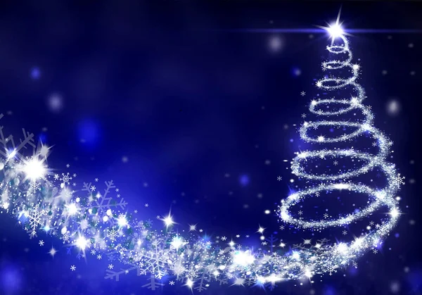 Albero di Natale luci formato da stelle sfondo blu neve illustrazione — Foto Stock