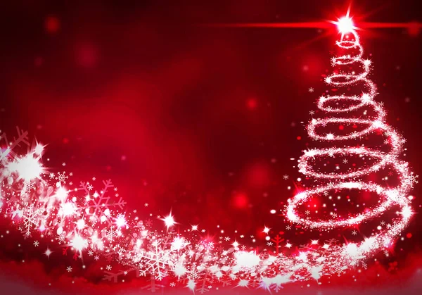 Albero di Natale luci formato da stelle sfondo rosso neve illustrazione — Foto Stock