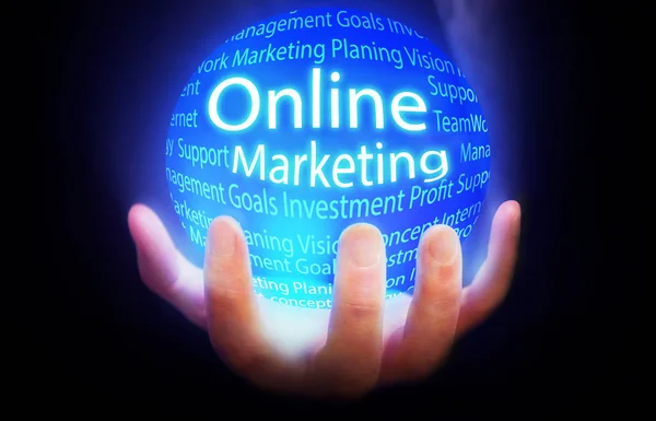 Marketing Online Globo Pessoas Plano Fundo Azul — Fotografia de Stock