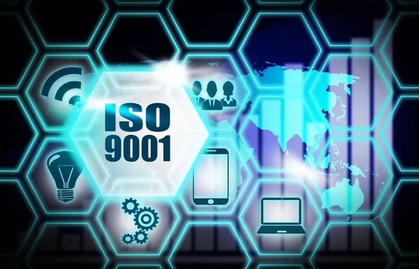 Iso 9001 Έννοια Σύγχρονα Επαγγελματικά Ψηφιακή Εργασία Παρασκηνίου Απευθείας Σύνδεση — Φωτογραφία Αρχείου