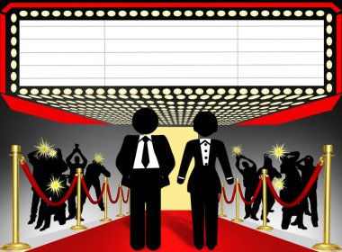 Kırmızı halı paparazzi, metin için 3D illüstrasyon alanı