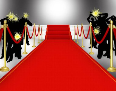 Kırmızı halı paparazzi, metin için 3D illüstrasyon alanı