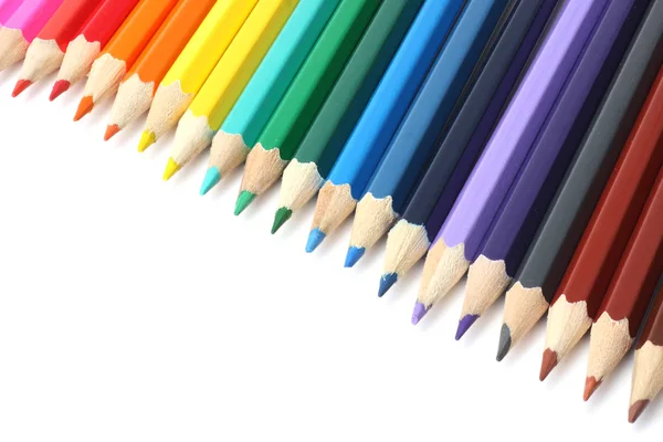 学校・事務用品。学校の背景。色鉛筆の白で隔離 ストック画像