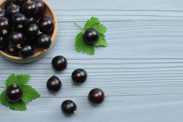 ahşap kase yaprak yeşil mavi ahşap arka plan üzerinde Siyah frenk üzümü. Üstten Görünüm