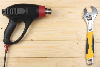 Endüstriyel Kurutma kopya alanı ile ışık ahşap zemin üzerinde. Üstten Görünüm. Araçlar doku