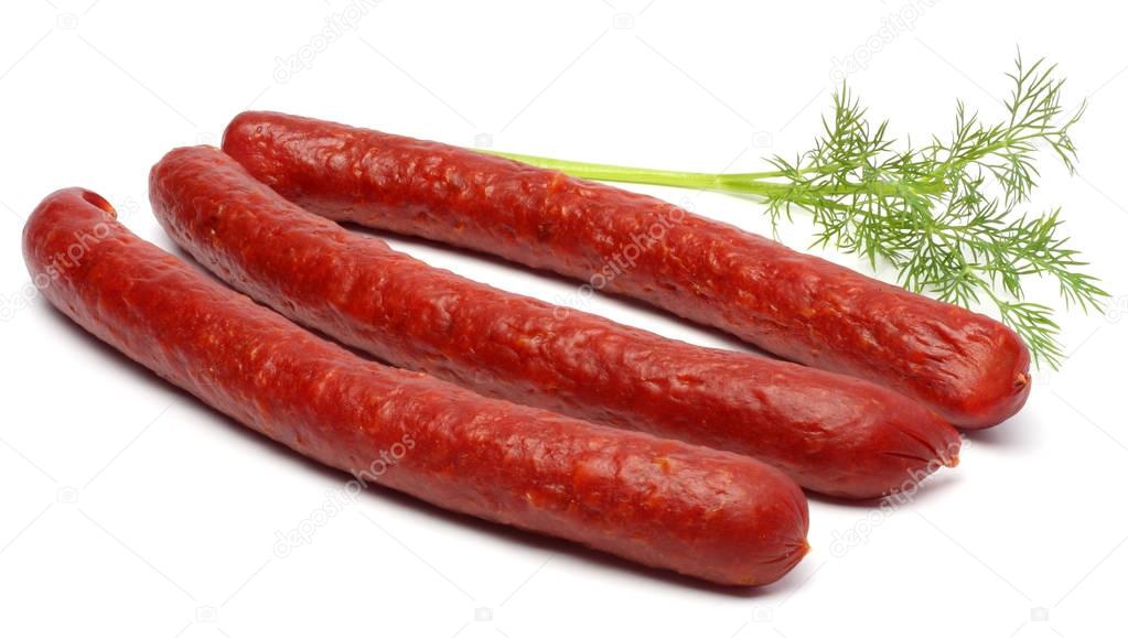 Salami smoked sausage with slices and mint leaves isolated on white background