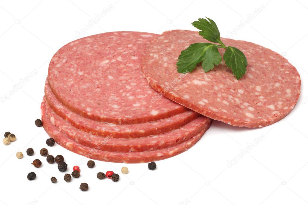 Salami smoked sausage with slices and mint leaves isolated on white background