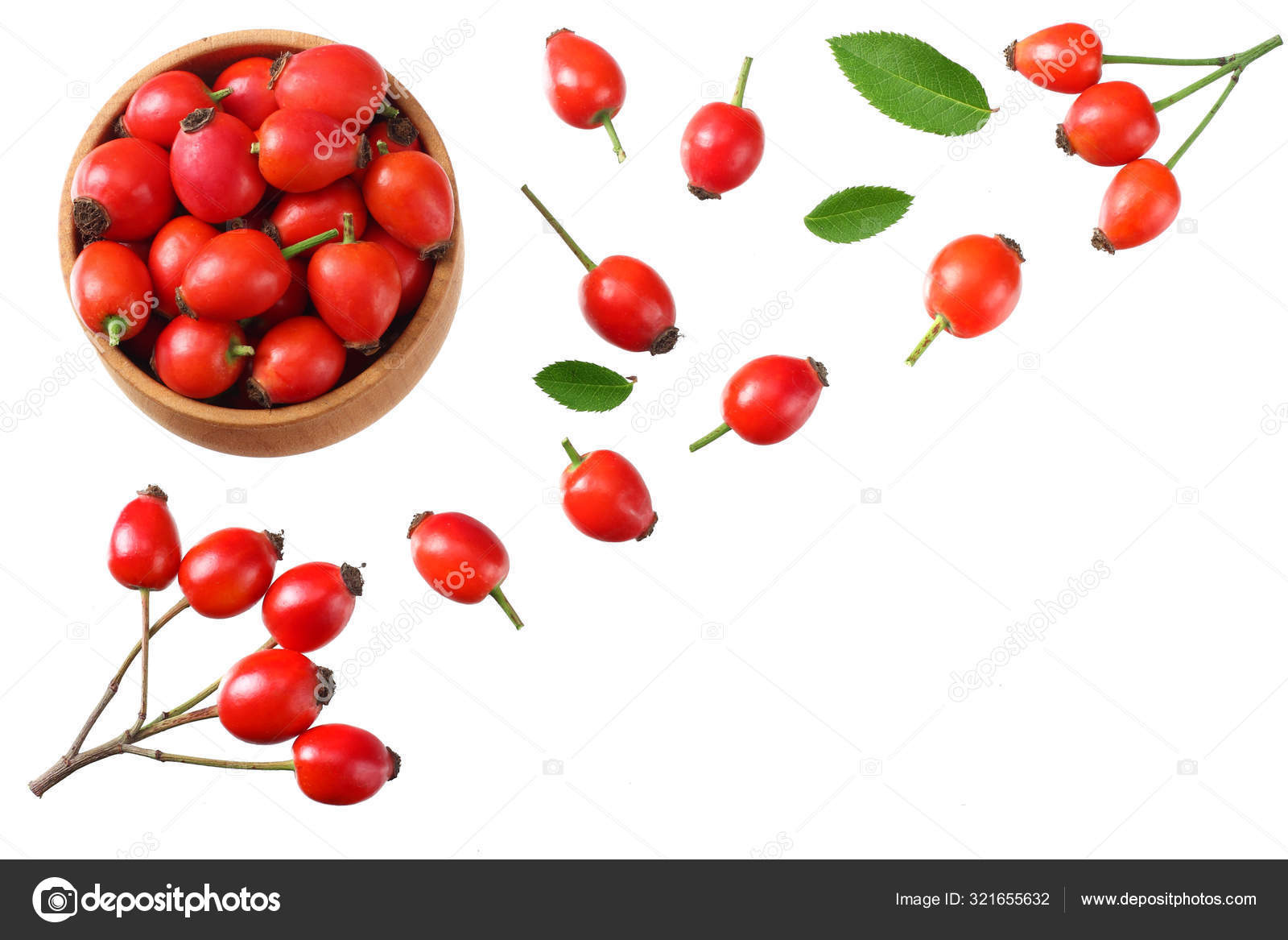 Rosehip berries with green leaves isolated on white background. Top