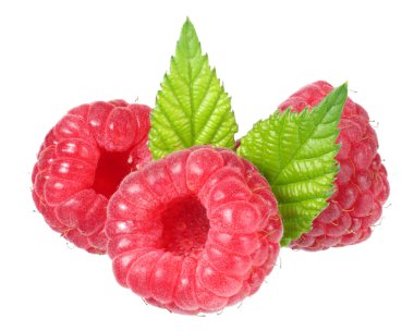 Olgun ahududu izole beyaz zemin üzerine yeşil yaprak ile 