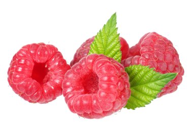 Olgun ahududu izole beyaz zemin üzerine yeşil yaprak ile 